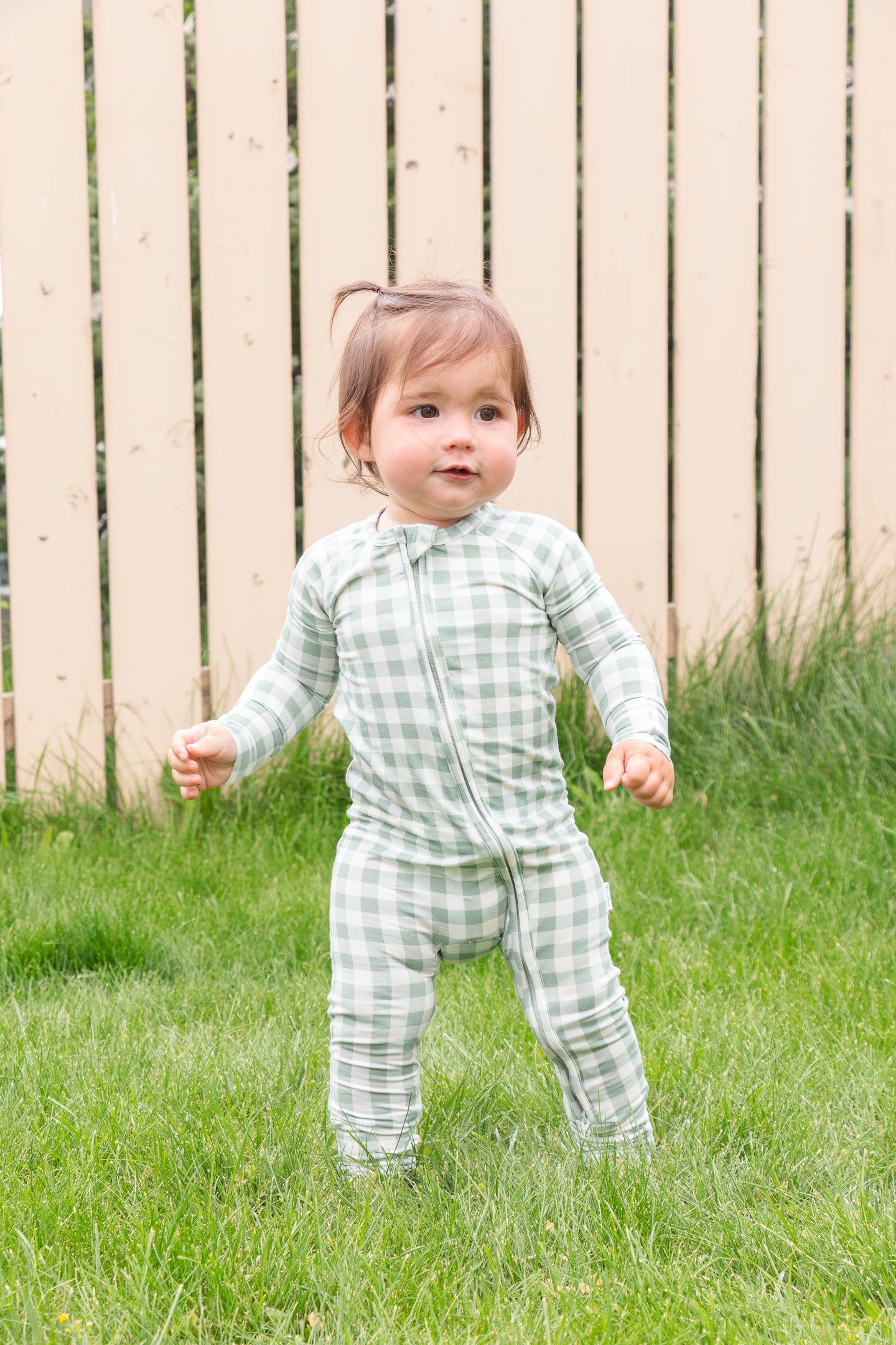 Sage Gingham Zipper Pajamas – Bamboo Viscose Baby Sleepwear | Newborn to 24M