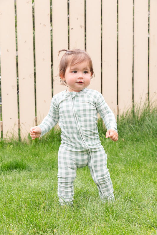 Sage Gingham Zipper Pajamas – Bamboo Viscose Baby Sleepwear | Newborn to 24M