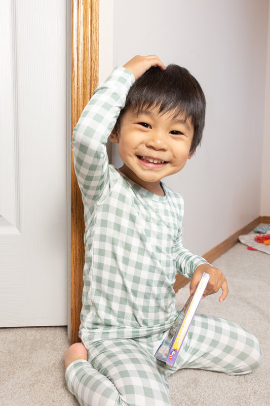 Sage Gingham Kids Pajama Set – Soft Two-Piece Sleepwear | 2T to 6T