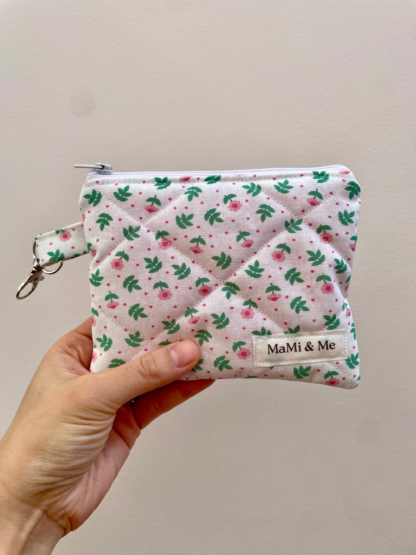 Pink Floral Quilted Wallet | Small Card Holder Pouch with Keyring